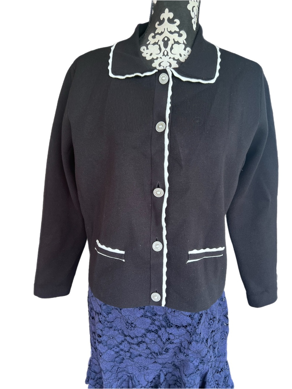 Black Knit Button-Front Jacket with White Trim - Women's Blazer